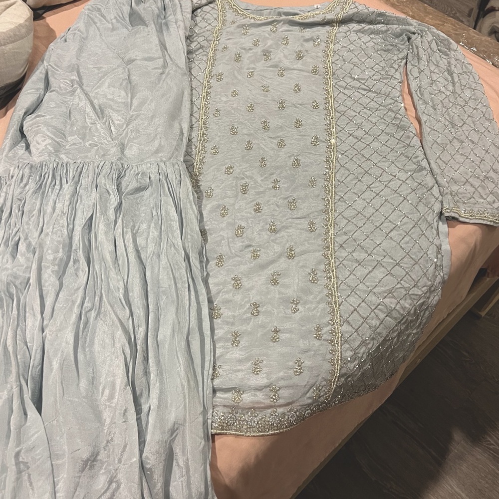 THREE PIECE ICE BLUE SHARARA SUIT